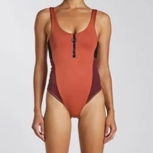 SECNDNTURE by Jordyn Woods Burnt Orange & Burgundy Zipper Body Suit Activewear
